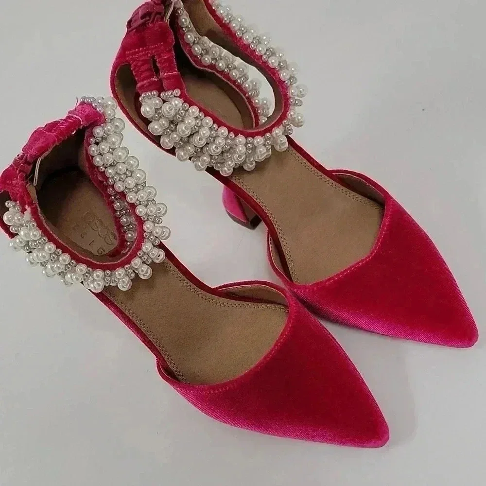 ASOS Hot Pink Velvet Pointed-Toe Heels with Pearl Ankle Straps